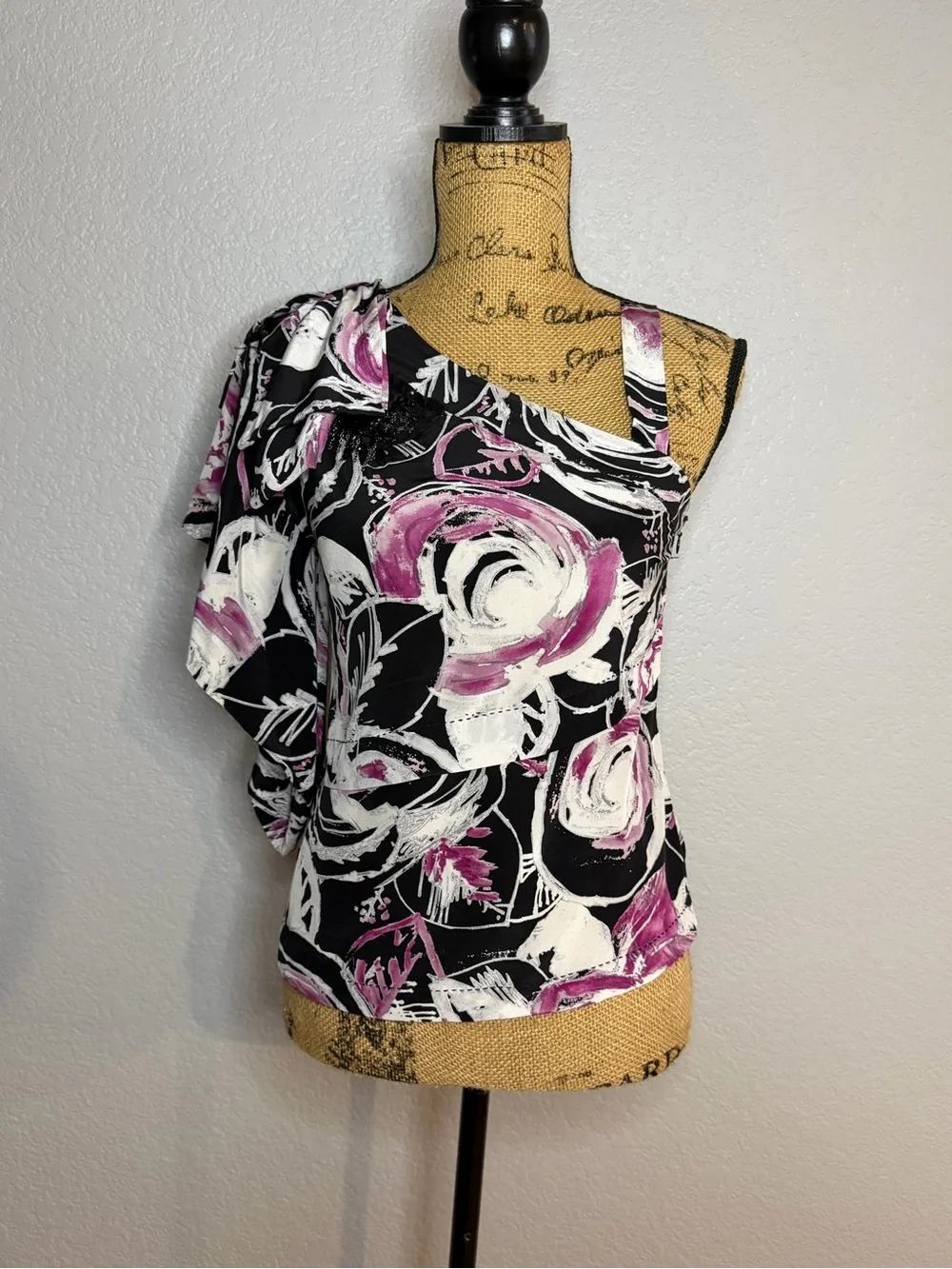 Vintage Robert Rodriguez Black & Pink One-Shoulder Silk Floral Top